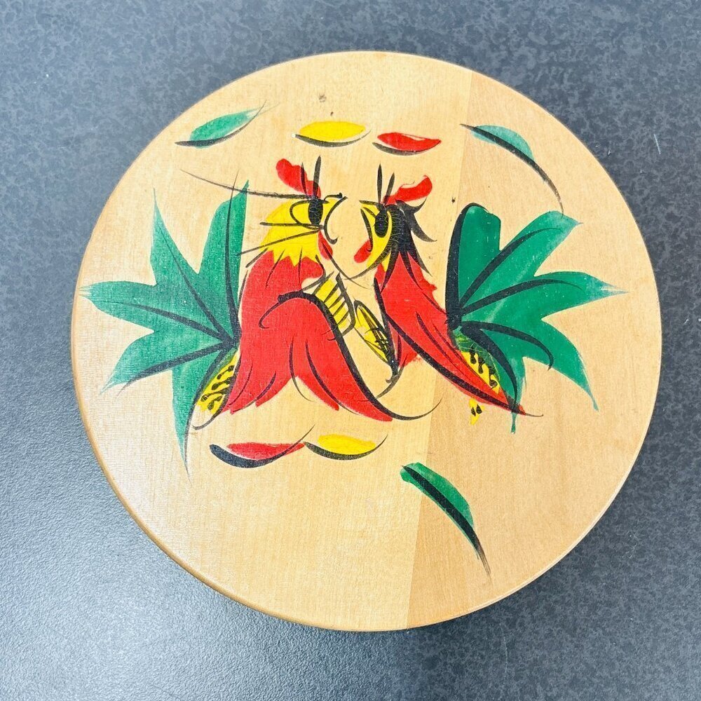Vintage MCM Rooster Hand Painted Wood Wooden Hamburger Press Wall Plaque